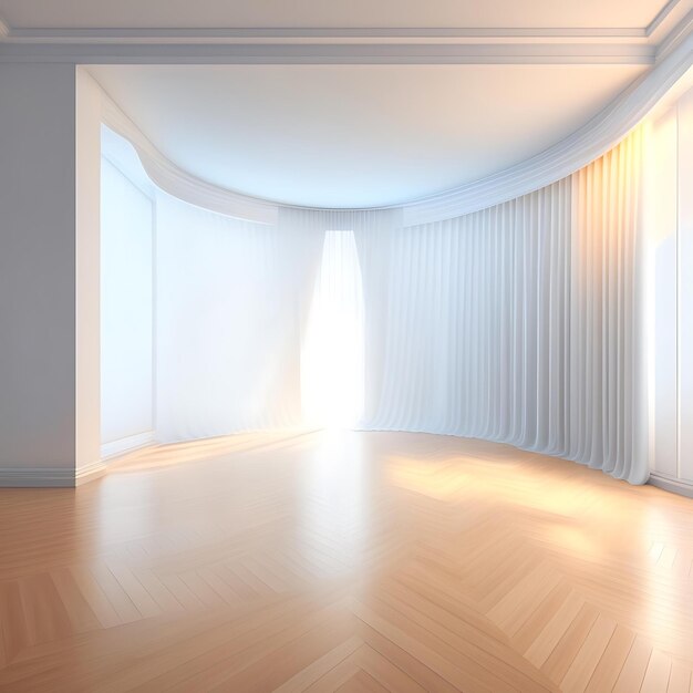 3D lege moderne minimale kamer met vloer tot plafond wit transparant gordijn en houten parketvloer