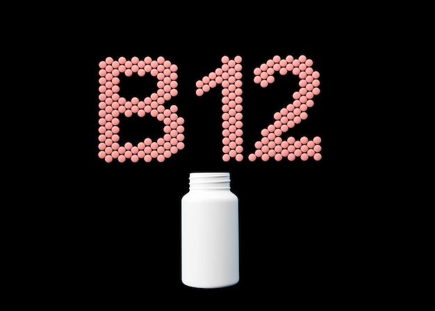 Foto 3d lege witte pil met b12 tekst gemaakt van vitamine b12 tablet zwarte achtergrond 3d illustratie