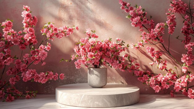 Foto 3d lente podium met roze roos bloemen achtergrond schoonheid product display stand ai generatieve