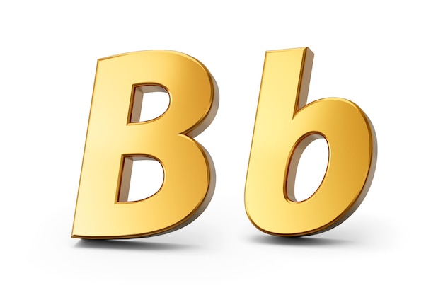 3d letter B in goud metaal op een witte geïsoleerde achtergrond hoofdstad en kleine letter 3d illustratie