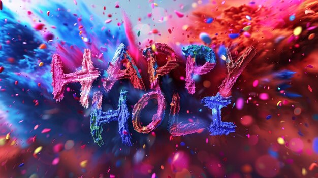 3d lettertype HAPPY gemaakt van holi kleuren met kleurrijke achtergrond