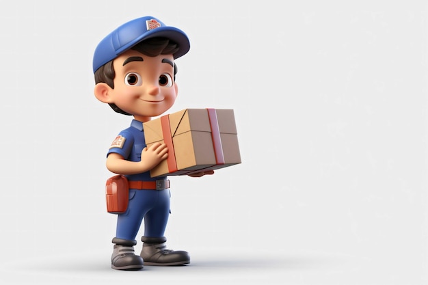 3D-leveringsjongen cartoon personage met pakketdoos met rode pet en t-shirt