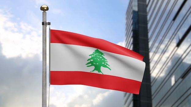 3D, Libanese vlag die op wind golven met moderne wolkenkrabberstad. Libanon banner waait gladde zijde. Doek stof textuur vlag achtergrond. Gebruik het voor het concept van nationale dag en landgelegenheden.