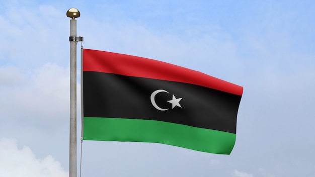 3D, Libische vlag zwaaien op wind met blauwe lucht en wolken. Libië banner waait gladde zijde. Doek stof textuur vlag achtergrond. Gebruik het voor het concept van nationale dag en landgelegenheden.