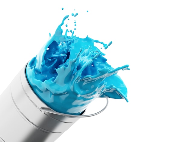 3d Light blue paint splashing out of can