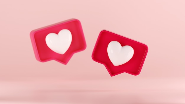 3d come icona a forma di cuore in una scatola di fumetti rossa isolata su sfondo rosa pastello