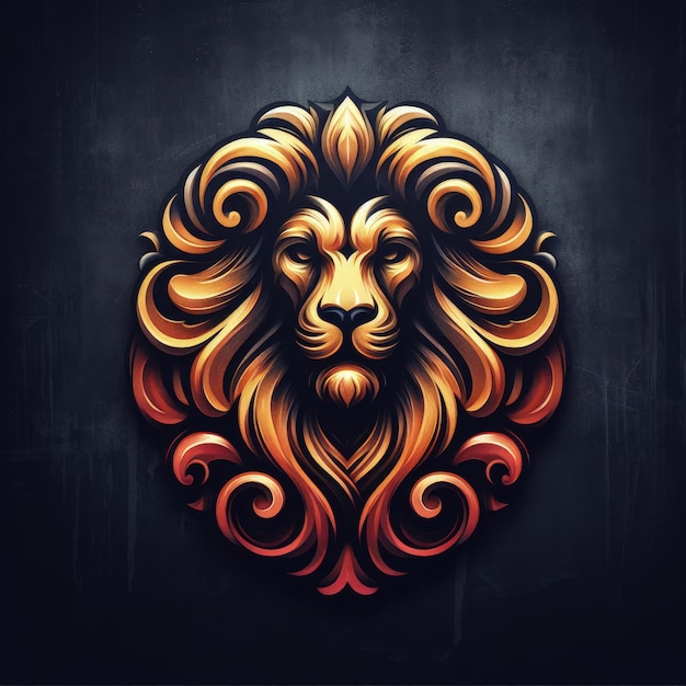 3D ライオンのロゴが暗い背景に刻まれています