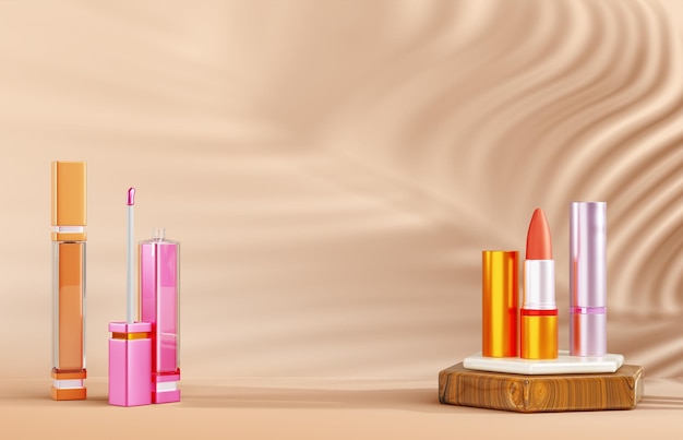 3d lipstick liquid lip gloss tube on wood podium in studio room render ad banner Makeup cosmetic beauty product on showroom platform with palm leaf shadow on beige wall background
