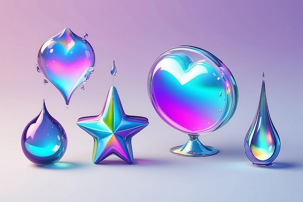 3D Liquid holographic elements A star a heart a circle and a drop Vector set glass shape