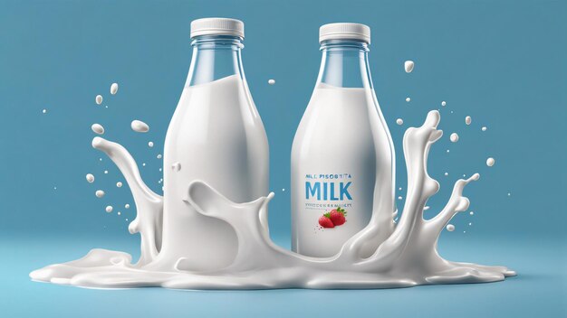 3D liquid milk drink ad template mockup with milk splash blue background