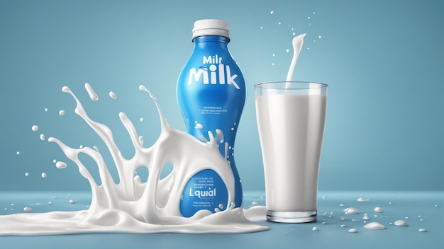 3D-макет шаблона рекламы жидкого молочного напитка с всплеском молока на синем фоне