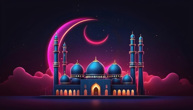 3d liquid mosque enhanced by neon line on realistic dark sky