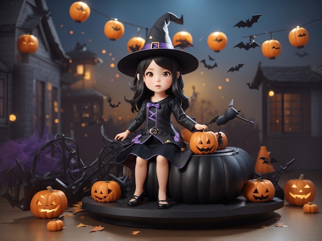 3d Little flying witch Halloween party A girl