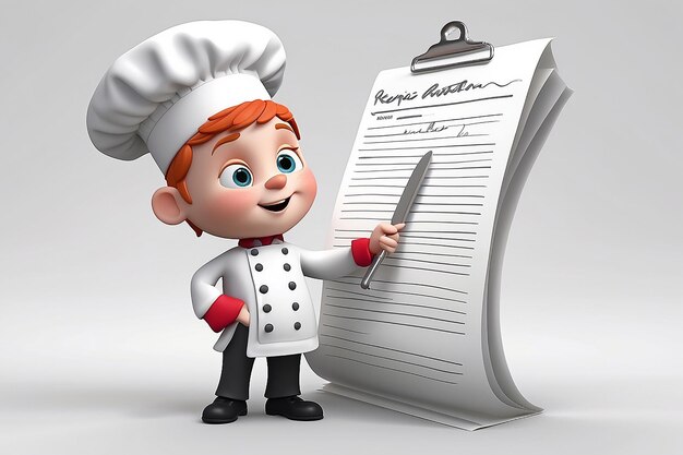 3D little human character the Chef with a List for shopping recipes or menus