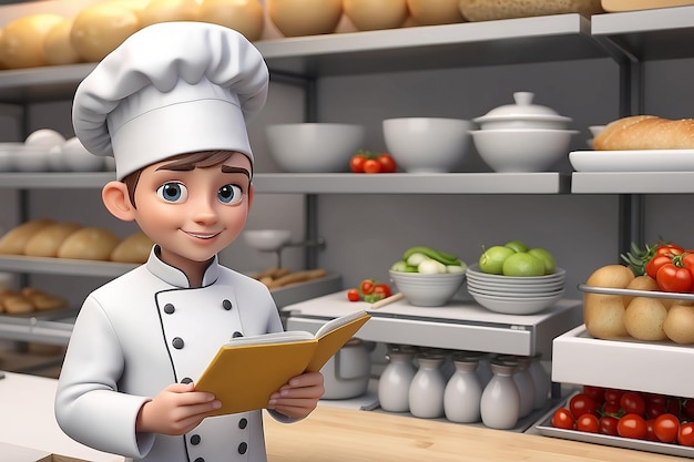 3D маленький человеческий персонаж шеф-повар с списком для покупки рецептов или меню