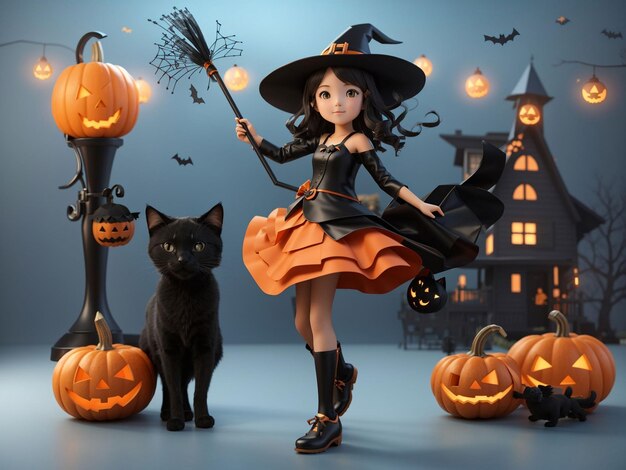 3d little witch flying halloween background