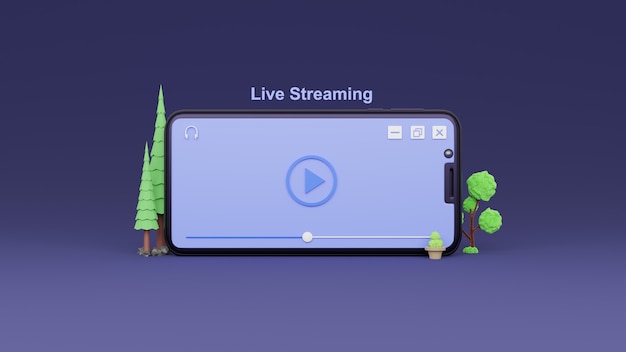 3D live streaming blue play button on purple background