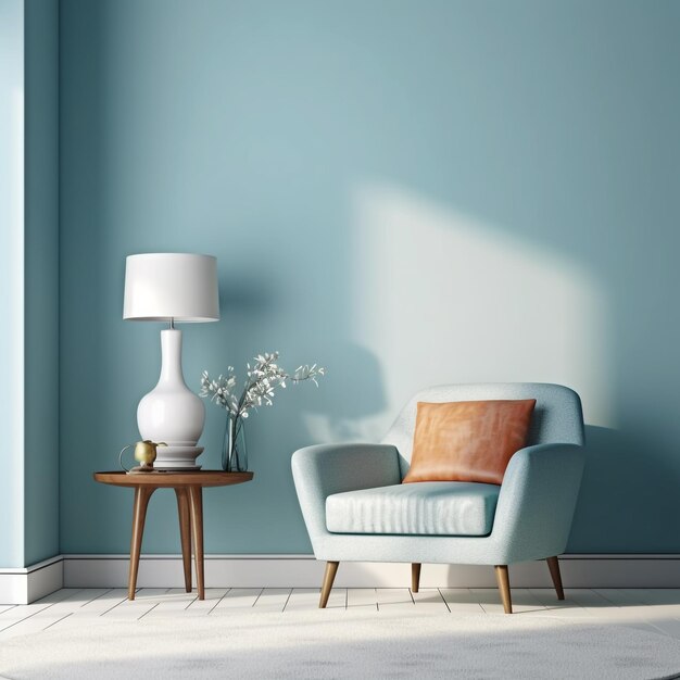 A 3D Living Room Mockup with Armchair and Light Blue Wall generative ai