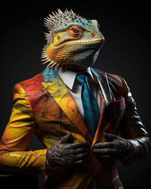 3D lizard in business suit with a human body looking serious with a dramatic studio background