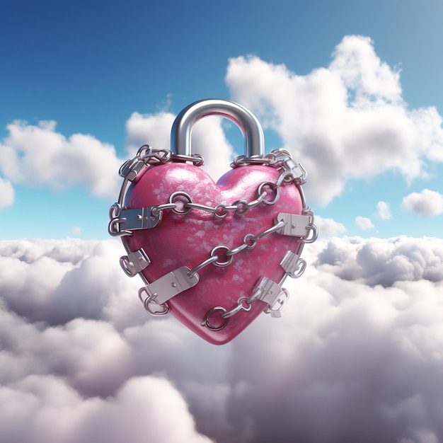 Photo a 3d lock with a heart shape keys falling clouds