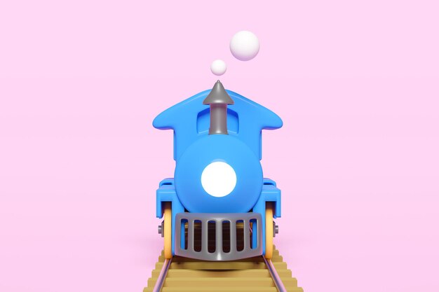 3d locomotive with railroad tracks steam train transport toy summer travel service planning traveler tourism train isolated on pink background front view 3d render illustration clipping path