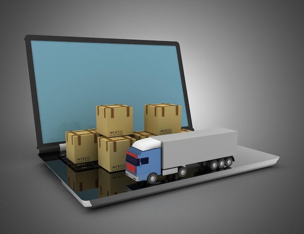 Concetto logistico 3d. camion e laptop. illustrazione 3d