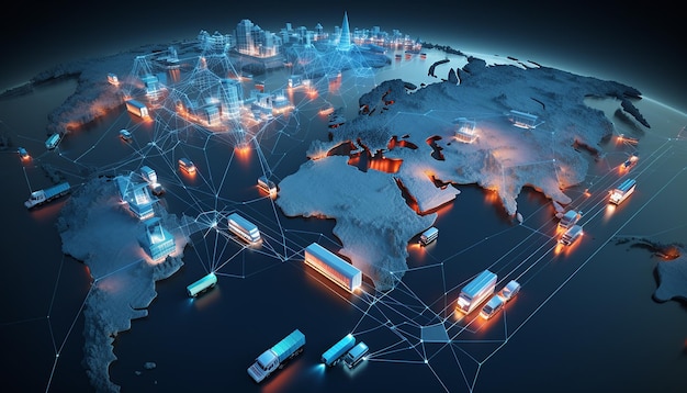 3D物流ネットワーク グローバル輸送接続図