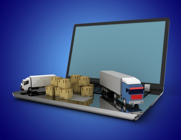 3d logistiek concept. vrachtwagen en laptop. 3d illustratie