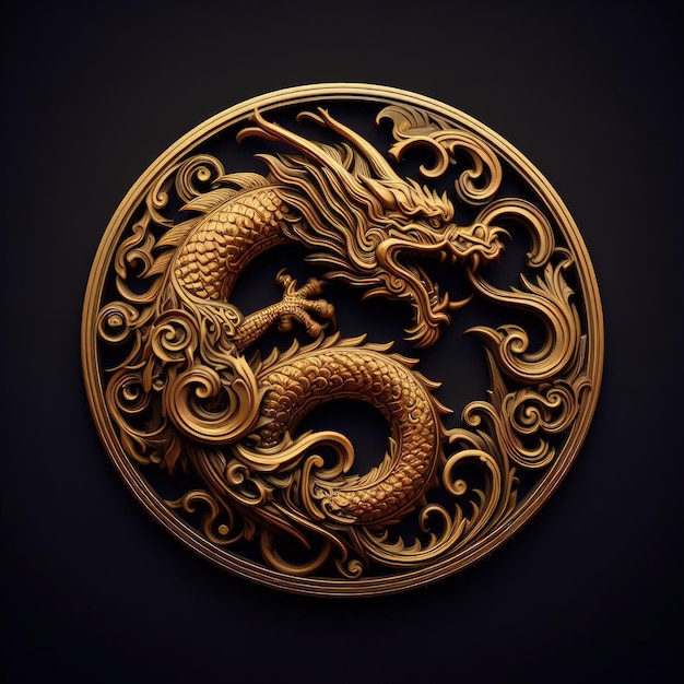 Photo 3d logo illustration of dragon carving on dark background