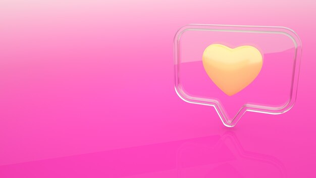 사진 핑크 배경에 고립 된 크리스탈 유리 소셜 미디어 알림 핀에 3d 사랑의 마음