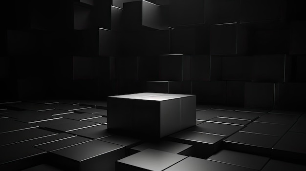 Photo 3d low poly box on black background in the style of monochrome interiors