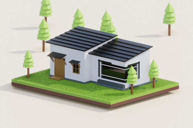 Photo 3d low poly house with green field