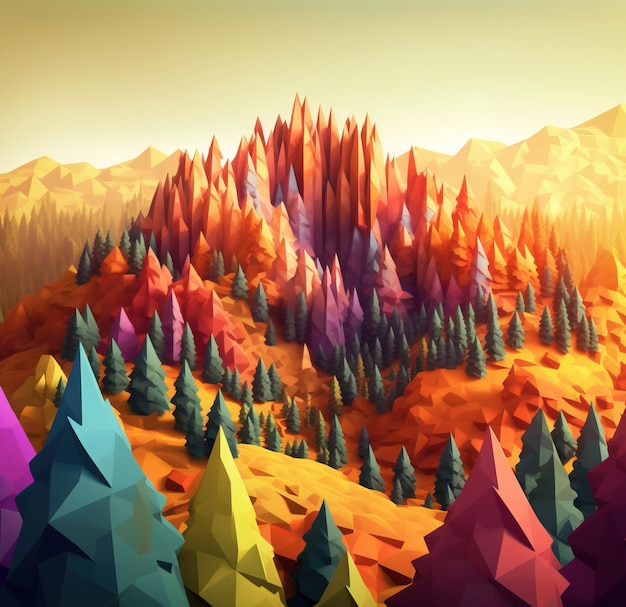 3D Low poly landschap bos Ai gegenereerd low poly illustratie op witte achtergrond