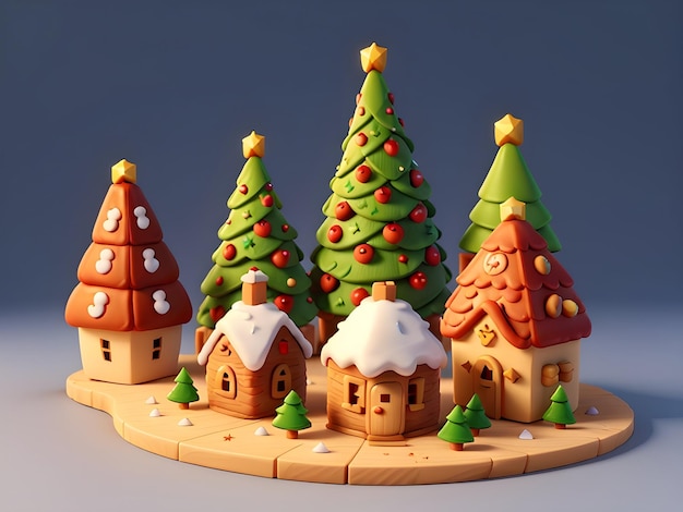화려한 크리스마스 장식을 갖춘 귀여운 쿠키 크리스마스 하우스의 3d 저폴리 게임 예