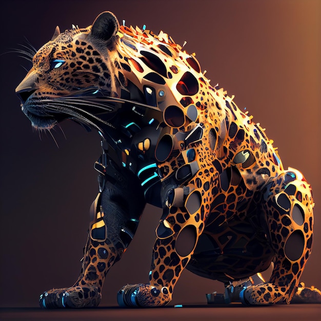 3d luipaard mechanisch beeld op donkere achtergrond