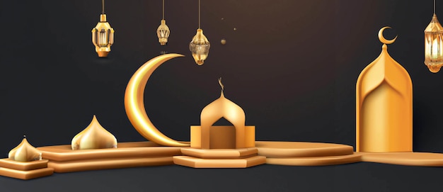 3D-luxe islamitisch platform met gouden wassende maan traditionele islamitische lantaarn en moskee
