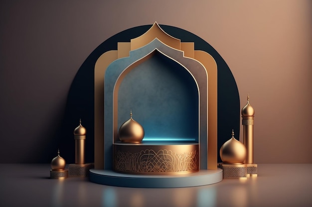 3D luxueus en elegant podium met islamitisch thema voor productweergave, Ramadan-podium. AI gegenereerd