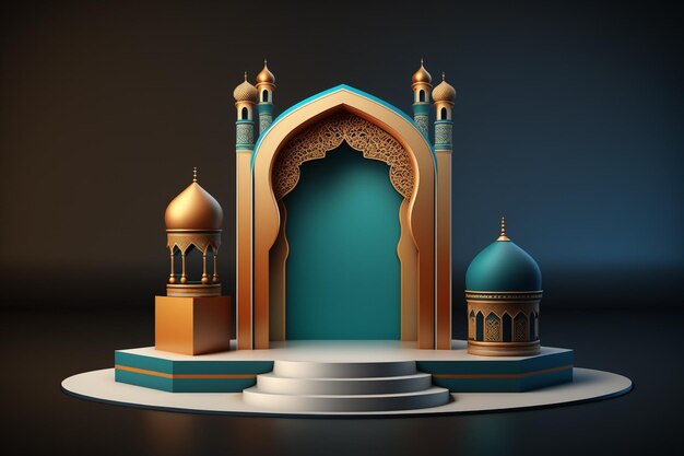 Foto podio 3d lussuoso ed elegante a tema islamico per l'esposizione del prodotto, podio del ramadan. generato dall'intelligenza artificiale