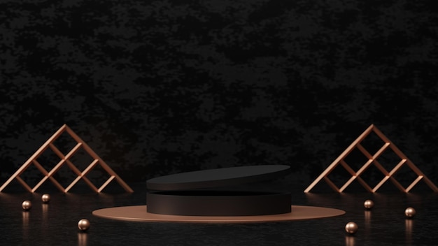 3D luxury dark background with gold pedestal or podium mockup, empty platform for product showcase