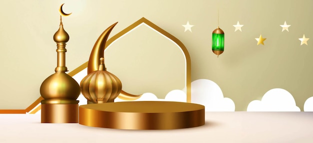 Photo 3d luxury islamic platform with gold crescent moon traditional islamic lantern and mosque