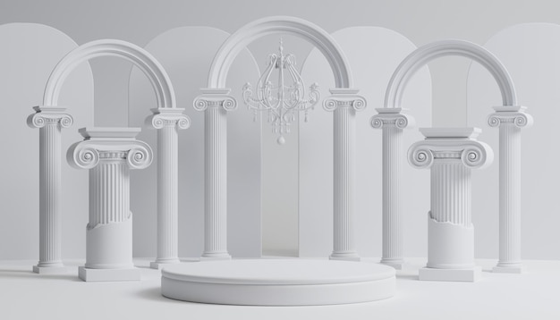 Photo 3d luxury podium with roman column for product background with white background