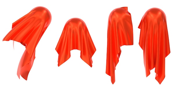 3D 럭셔리 붉은 천은 실크 식탁보 냅킨이나 커튼 아래 숨겨진 둥근 물체를 덮고 흰색 배경 3D 렌더에 격리된 프레젠테이션 놀라움이나 마술을 위해 천을 공개합니다.