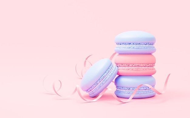 파스텔 핑크색 배경에 축제 리본이 달린 3D 마카롱 프랑스 과자