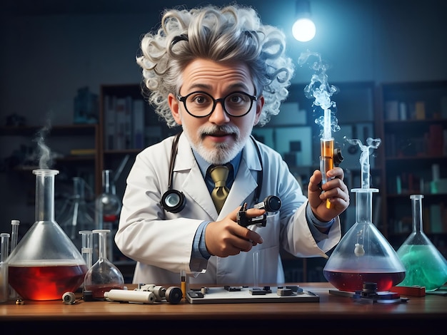 Фото 3d персонаж сумасшедшего ученого или сумасшедшего профессора в научной лаборатории. генерация ии