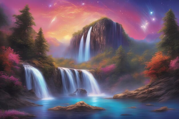 3D Majestic mountain waterfall autumn land