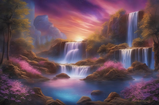 3D Majestic mountain waterfall autumn land