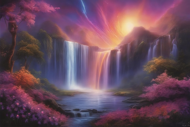 3D Majestic mountain waterfall autumn land