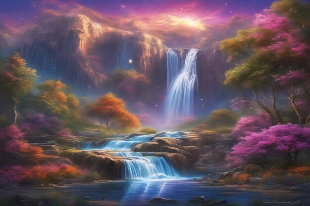 3D majestic waterfall blurred motion beauty