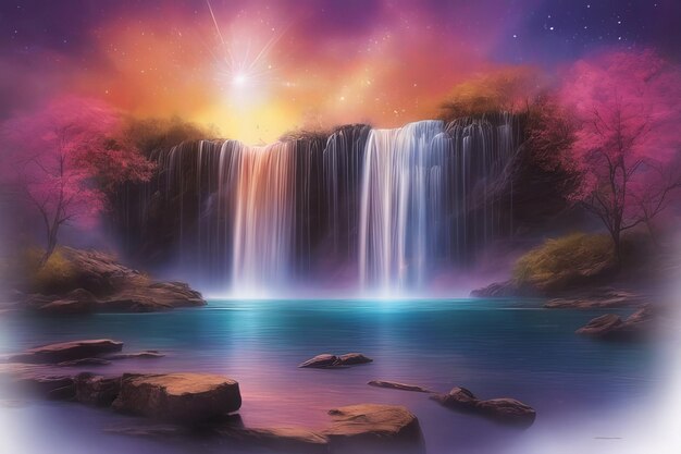 3D majestic waterfall blurred motion beauty