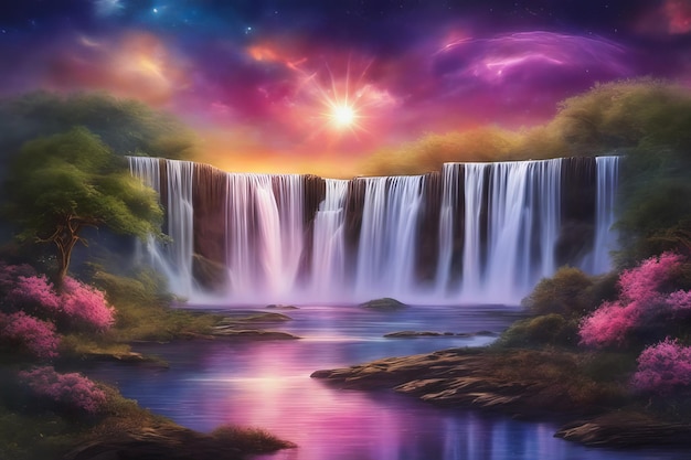 3D majestic waterfall blurred motion beauty